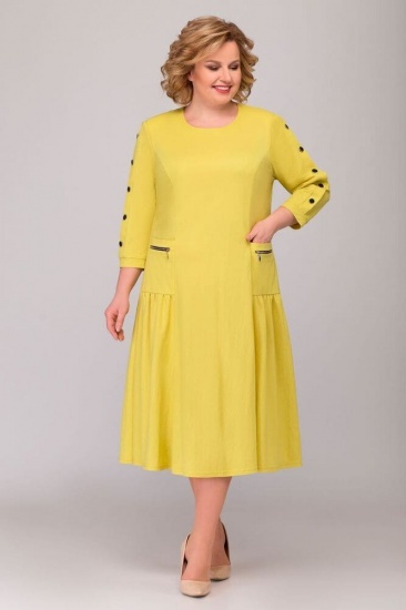 Платье с декоративными пуговицами на рукавах, желтое
