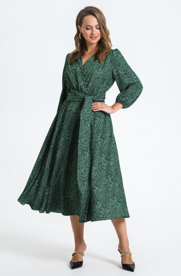 Платье с резинкой на талии и длинным поясом, зеленое