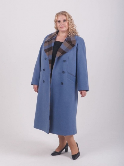 Драповое пальто с отделкой в клетку, голубое