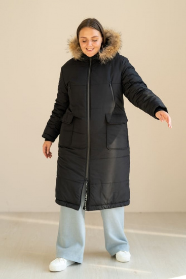 Зимнее пальто с натуральным мехом на капюшоне, черное