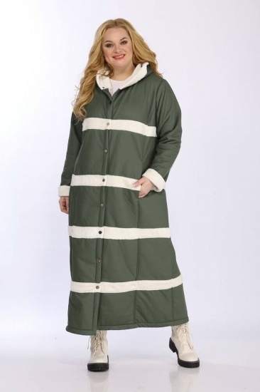 Длинное пальто с меховой изнанкой и отделкой, зеленое