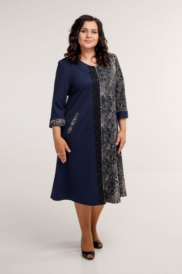 Расклешенное платье с кружевной отделкой и карманом, синее