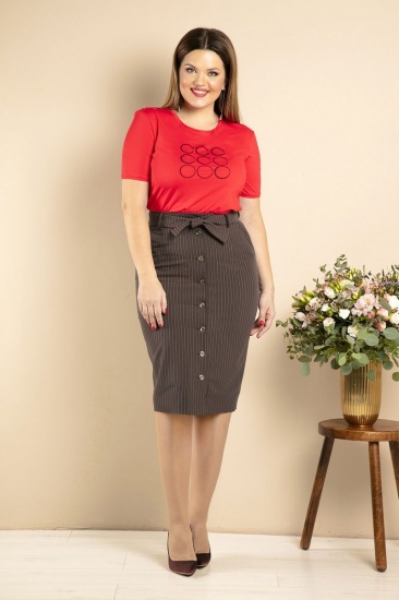 Комплект из юбки с карманами и блузки с принтом, коричневый с красным