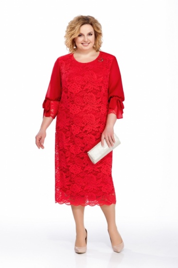 Гипюровое платье с шифоновым бантом на манжете, красное