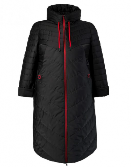 Демисезонное пальто с фигурной стежкой и красной отделкой, черное