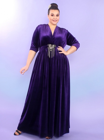 Велюровое платье в пол с брошью из страз, фиолетовое