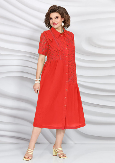 Асимметричное платье с двойным воланом на лифе, красное