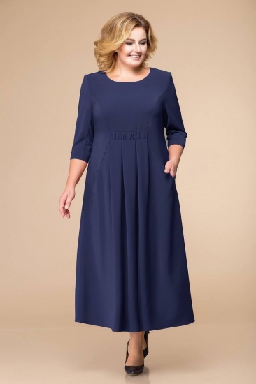 Расклешенное платье с бантовыми складками и карманами, темно-синее