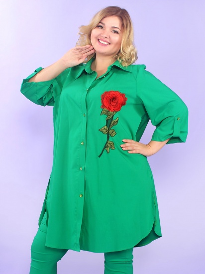 Свободная рубашка с укороченным рукавом и розой, зеленая