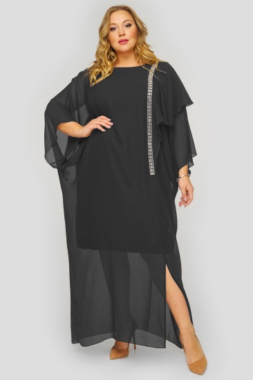 Длинное шифоновое платье с украшением из страз, черное