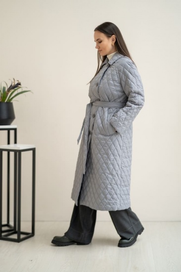 Длинное стеганое пальто со съемным поясом, серое