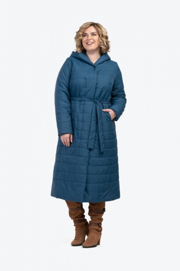 Длинное пальто с горизонтальной стежкой и поясом, синее