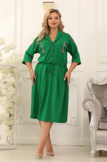 Отрезное платье с декором тесьмой и воротником, зеленое