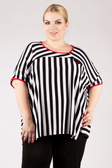 Блузка в крупную полоску с красным кантом, черно-белая