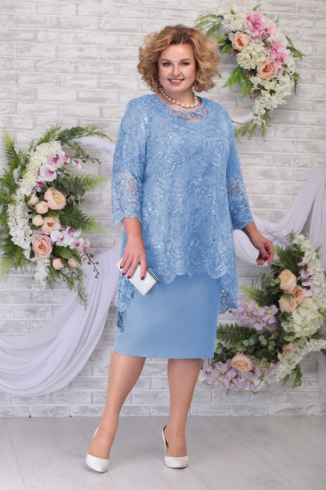 Комплект из платья и асимметричной кружевной блузки, голубой