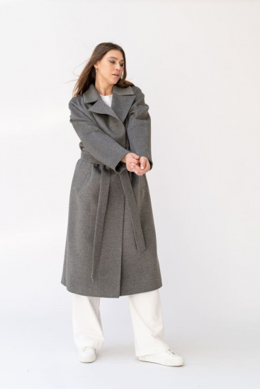 Длинное драповое пальто-халат, серое