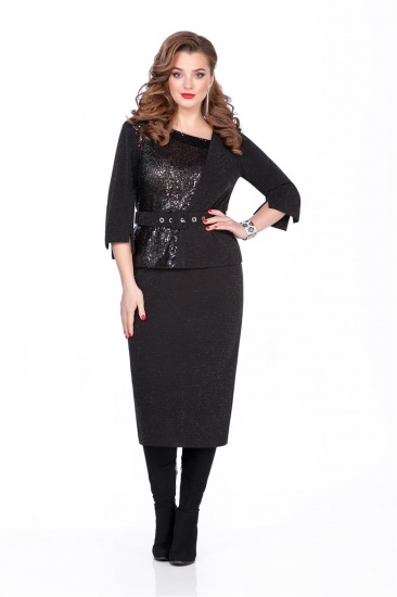 Комплект из юбки и блузки с асимметричным подрезом и декором, черный