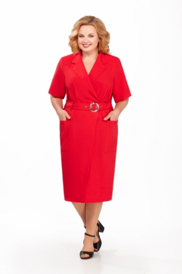 Классическое деловое платье с карманами, красное