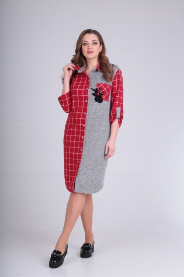 Комбинированное платье на пуговицах с гипюровым цветком, красное