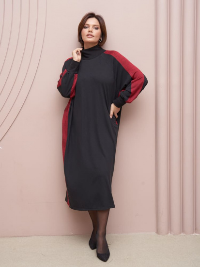 Длинное свободное платье с контрастными вставками, черное с красным