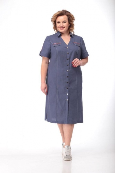 Платье-рубашка на кнопках с отделочной тесьмой, синее
