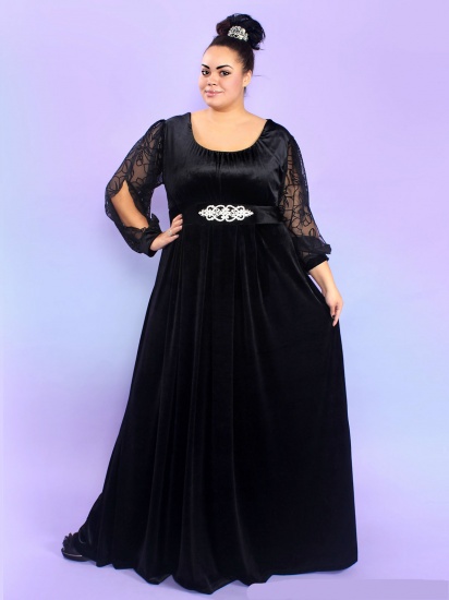 Велюровое платье в пол с декором на рукавах, черное