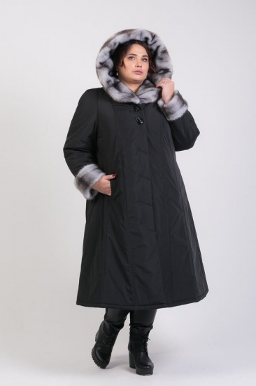 Зимнее пальто-трапеция с мехом под норку-крестовку, черное