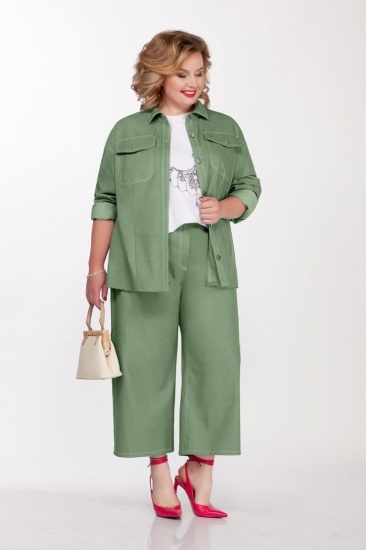 Джинсовый комплект из широких брюк и рубашки, зеленый
