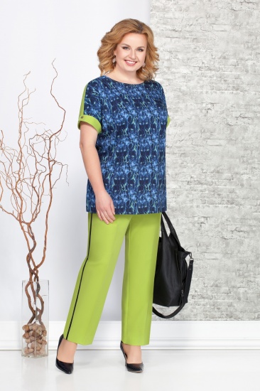 Комплект из брюк с карманами и прямой блузы, синий с зеленым