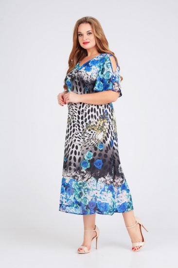Шифоновое платье с разрезом на широком рукаве, синее