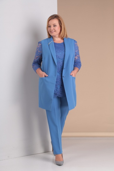 Голубой деловой комплект, блуза из двух тканей