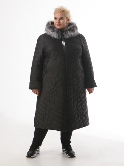 Длинное зимнее пальто с эко-мехом чернобурки, черная