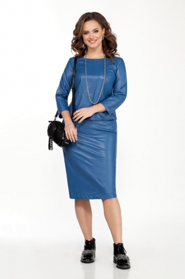 Кожаный комплект из юбки и блузки, синий