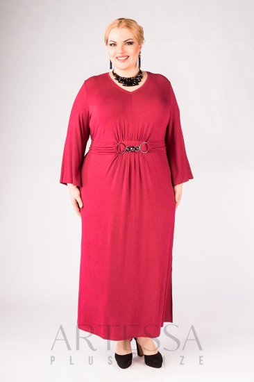 Длинное платье с расклешенным рукавом и вшитым поясом, красное