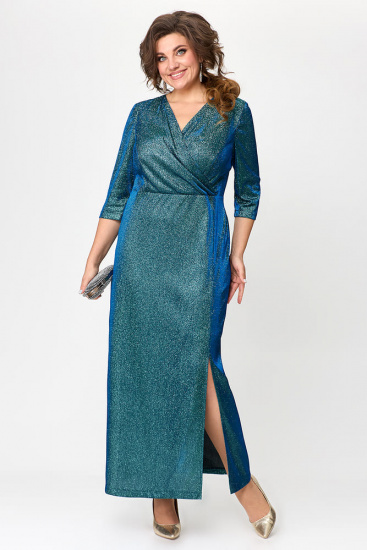 Длинное блестящее платье с высоким разрезом, голубое