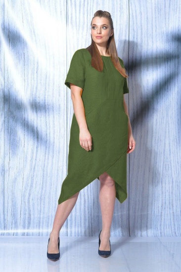 Прямое льняное платье с косыми подрезами, зеленое