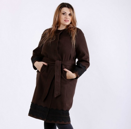 Шоколадное пальто с кружевной отделкой, демисезон 56-74