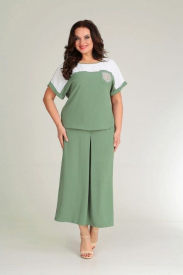 Комплект из укороченных широких брюк и блузона, светло-зеленый