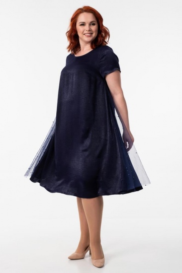Свободное платье с декором сеткой по бокам, темно-синее