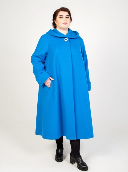 Длинное пальто из варёной шерсти с брошью, голубое