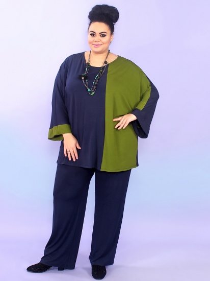 Комплект из прямых брюк и двухцветной блузы, синий с зеленым