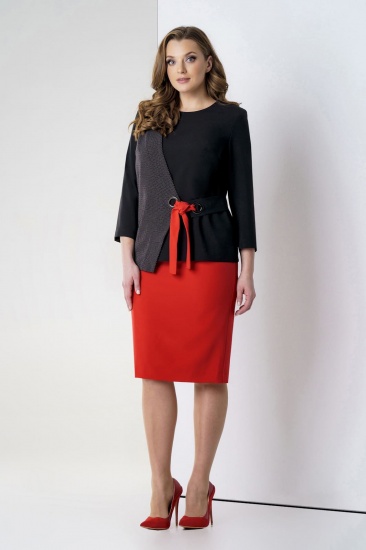 Комплект из юбки и жакета с декоративной завязкой-поясом, черный с красным