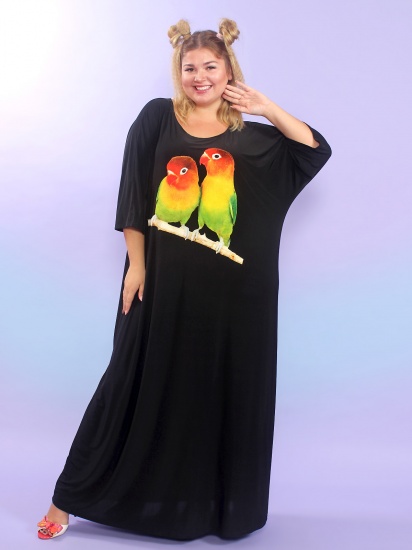 Длинное свободное платье с яркими попугаями, черное