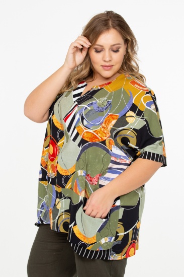 Свободная блуза с абстрактным рисунком и карманом, мультицвет