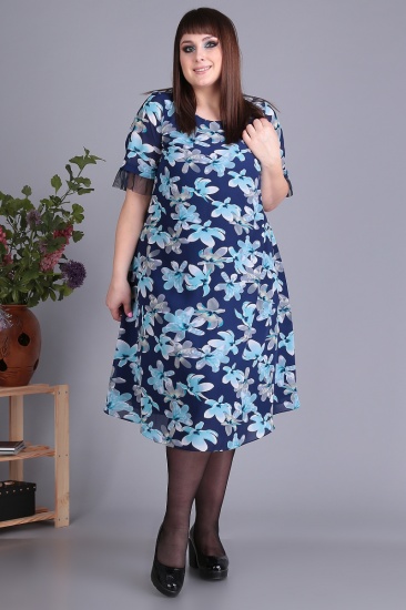 Шифоновое платье со сборкой из сетки на рукавах, синие цветы
