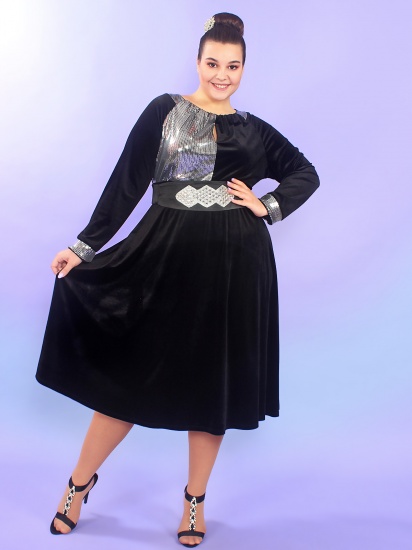 Велюровое платье с пайетками и широким поясом-резинкой, черное