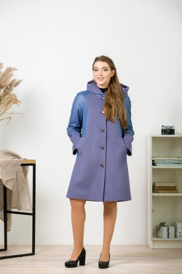 Комбинированное демисезонное пальто с капюшоном, лиловое