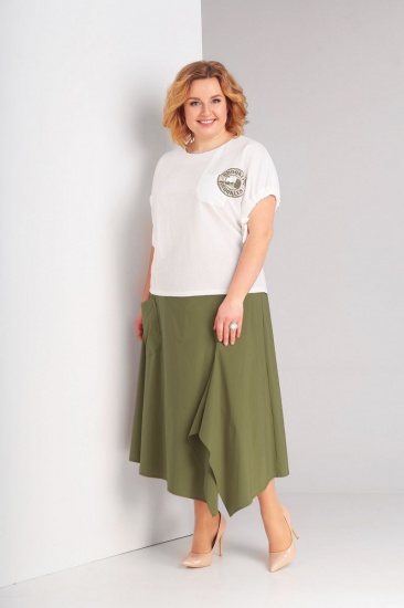 Комплект из асимметричной юбки и свободного блузона, хаки