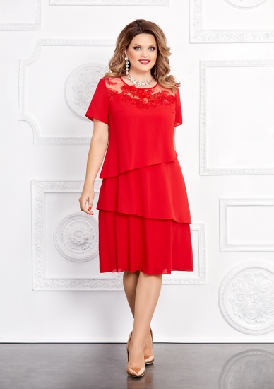 Платье с асимметричными воланами и кружевной кокеткой, красное