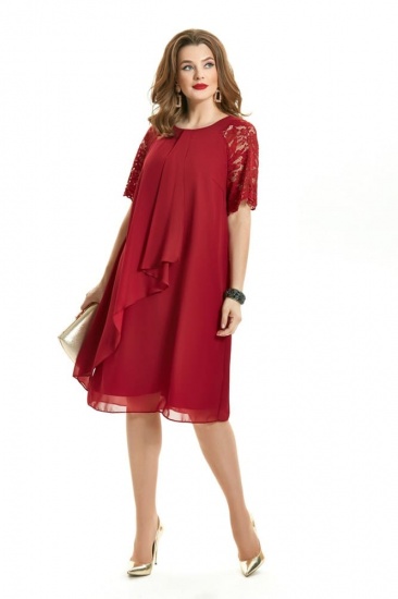 Свободное платье с коротким кружевным рукавом, красное